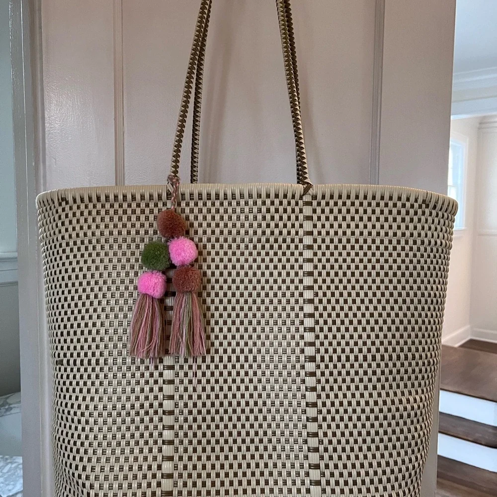 Woven Tote Bag with Pom Pom Charm - Picture 1 of 6